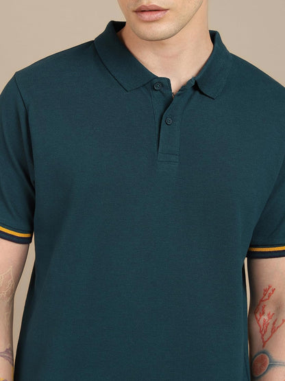 Dennis Lingo Mens Cotton Teal Solid Polo Neck T-Shirt