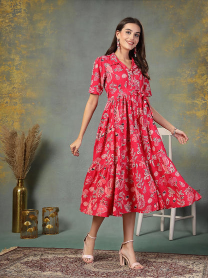 Stylum Womens Pink Tropical Printed Rayon Tiered Dress