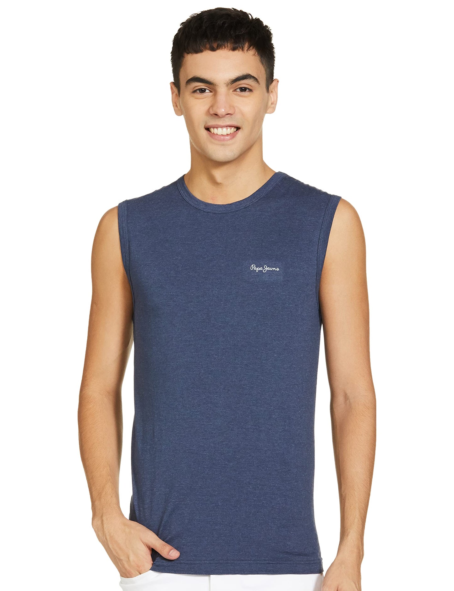 Pepe Jeans Cotton Elastane Solid/Plain Blue Vest Innerwear For Men - L (Pack Of 1)