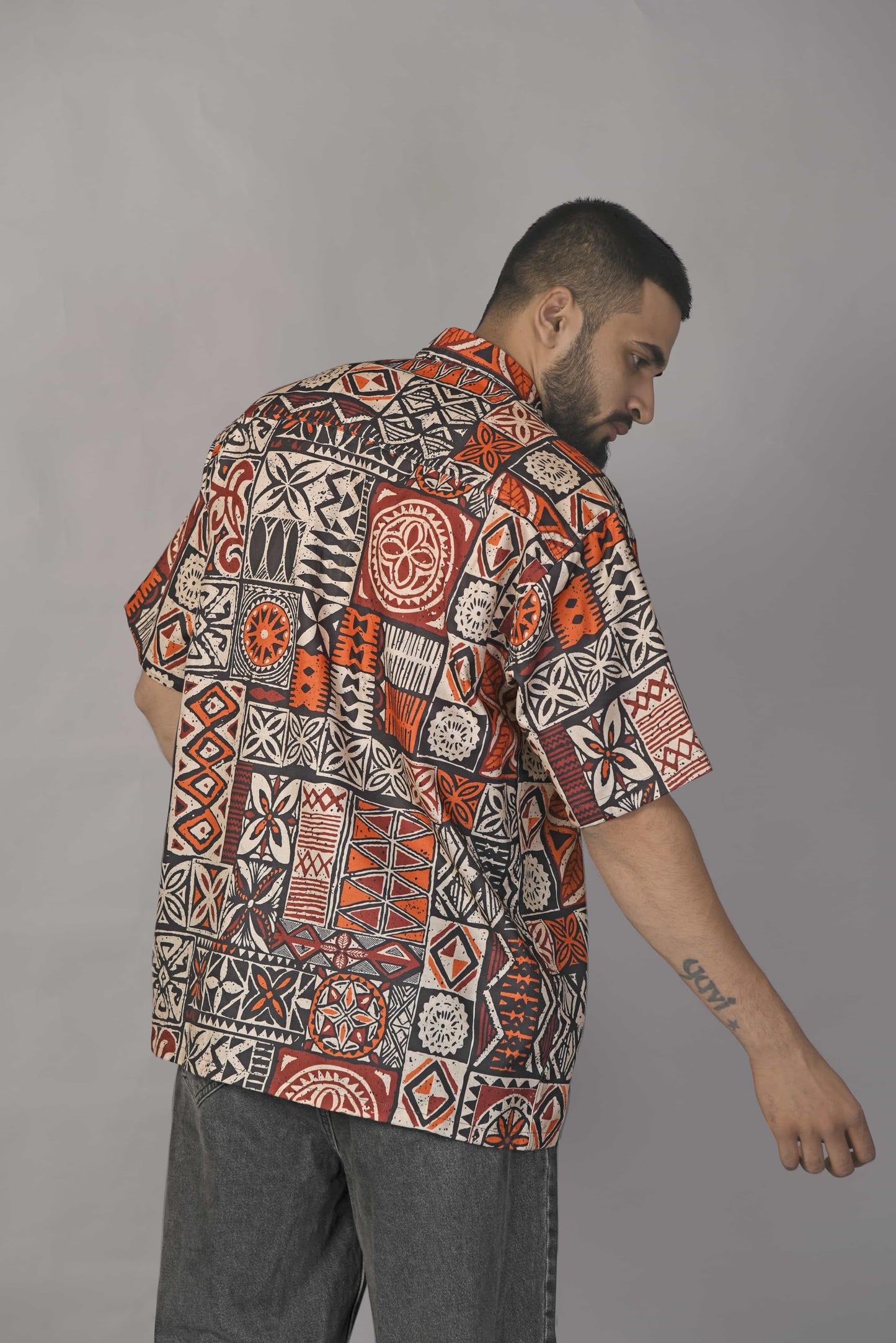 Brown Culture MenS Cotton Blend Geometric Print Shirt With Spread Collared Half Sleeves Standard Length And Button Down Closure