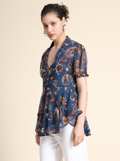Toochki Navy Blue Georgette Paisley Flared Printed high Low Style Western Summer wear top for Womens in Latest Trending Style G