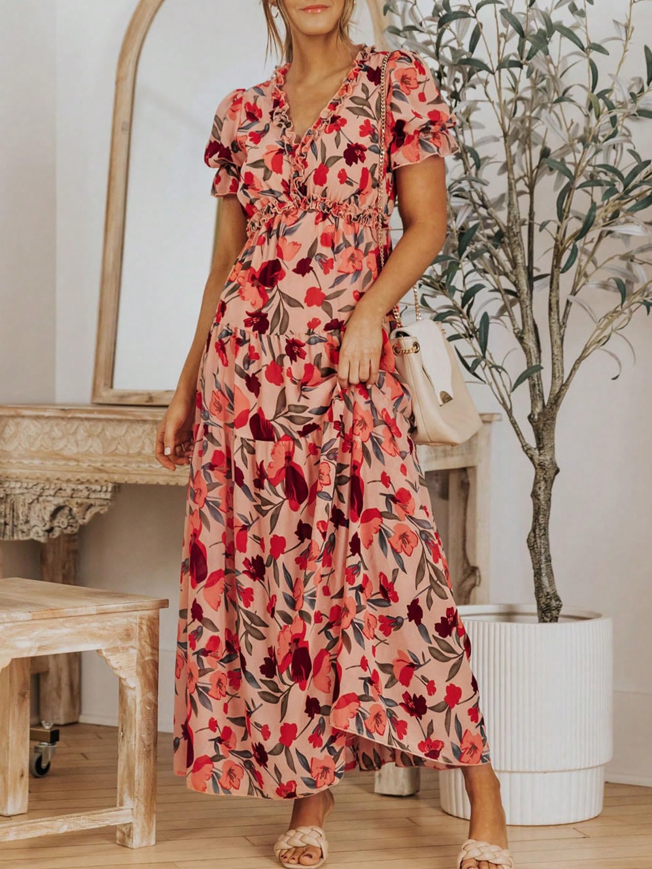 Shasmi Womens Casual Pink Floral Printed Ruched V Neck Short Flutter Sleeve Lapel Tie Waist Split Long One Pic Western Party Dr