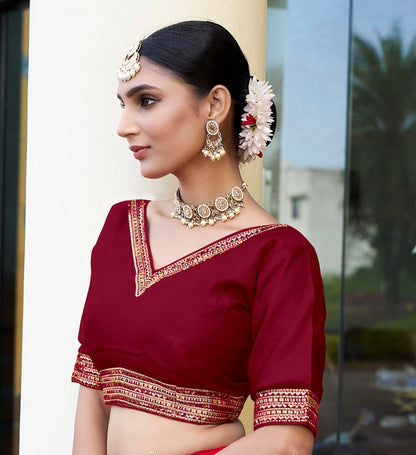 Pujia Mills WomenS Milan Silk Readymade Wine Blouse Half Sleeves Embroidery Aari Work Saree Choli