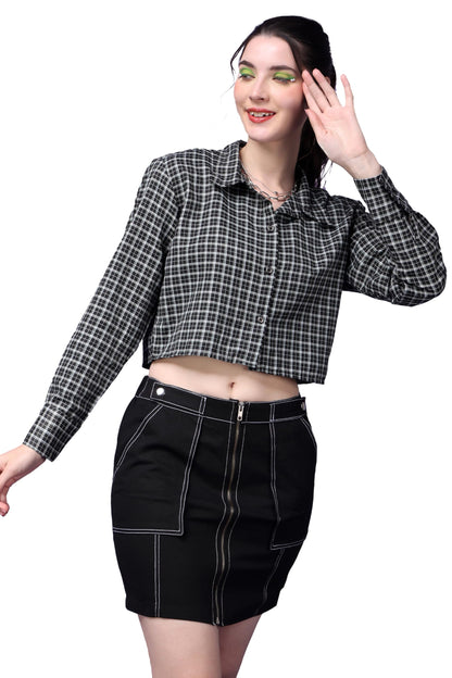 POPWINGS Casual Pure Cotton Checks Crop Shirt for Women | Stylish Western Full Sleeves