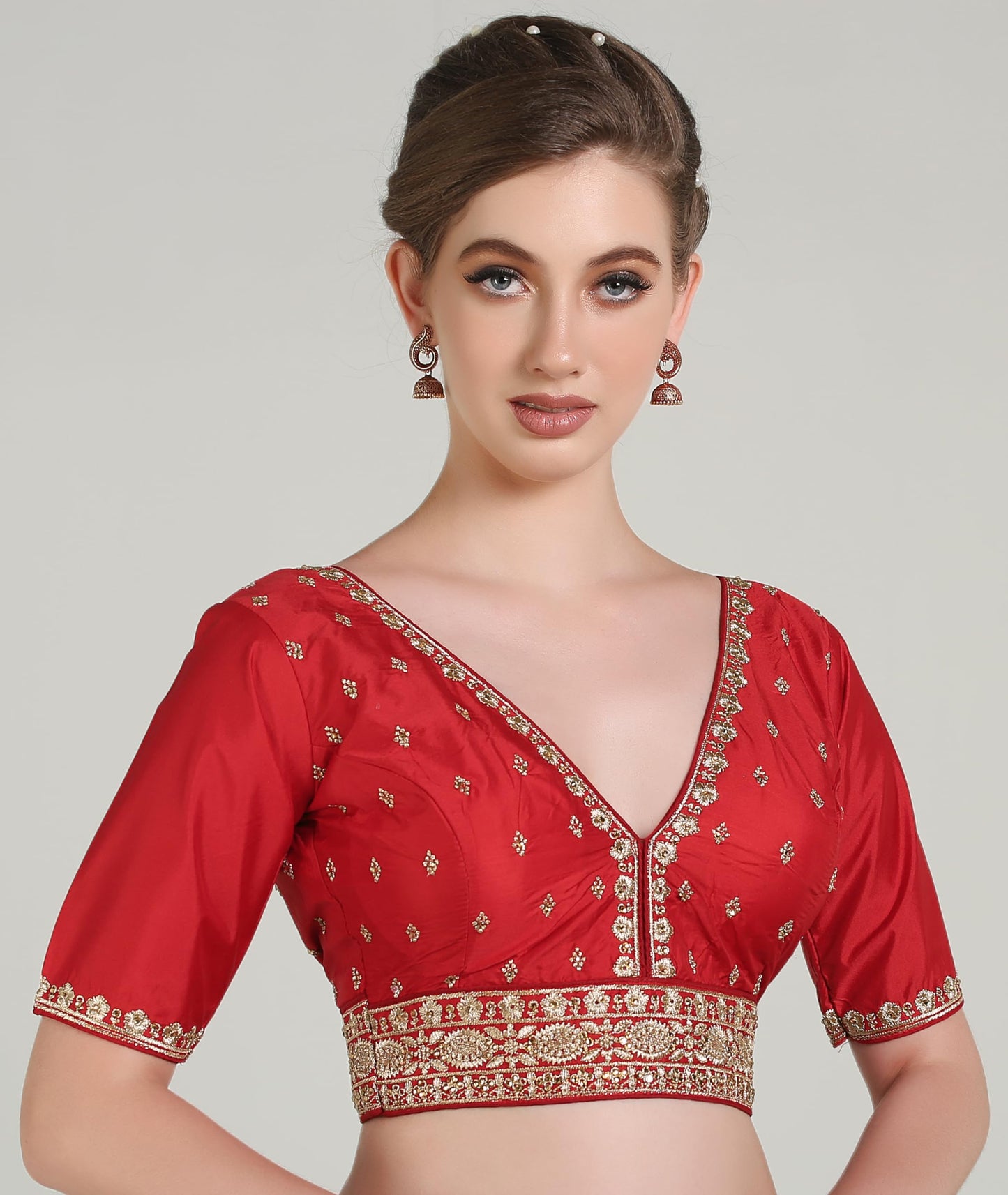 Pujia Mills Woman Readymade Ethnic Wear Deep V Neck Classic Butti Designer Half Sleeve Red Blouse Online Embroidery Zari Work Wi
