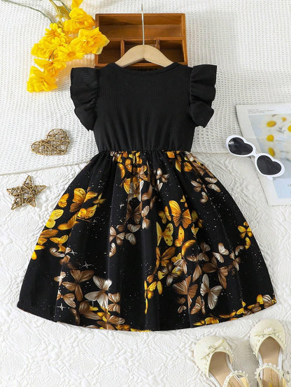 TAGAS Girl Summer Casual Dress with Flutter Sleeves, Roses Print || Girls Dress || Party Dress for Girls ||Fency Dress||(KD-2012