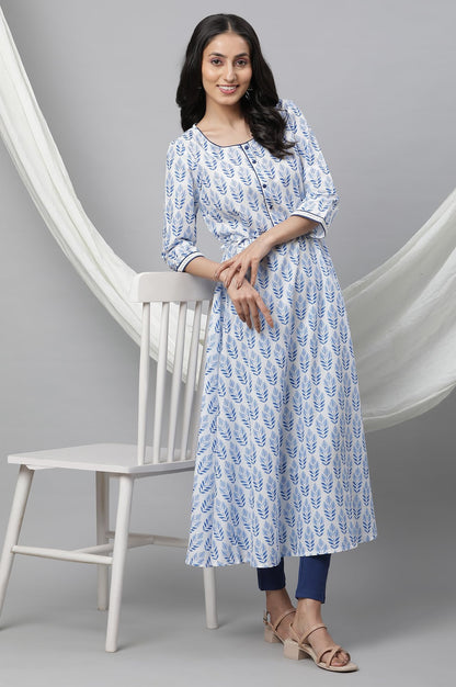 Aurelia White Leaf Print Cotton Anarkali Kurta For Women