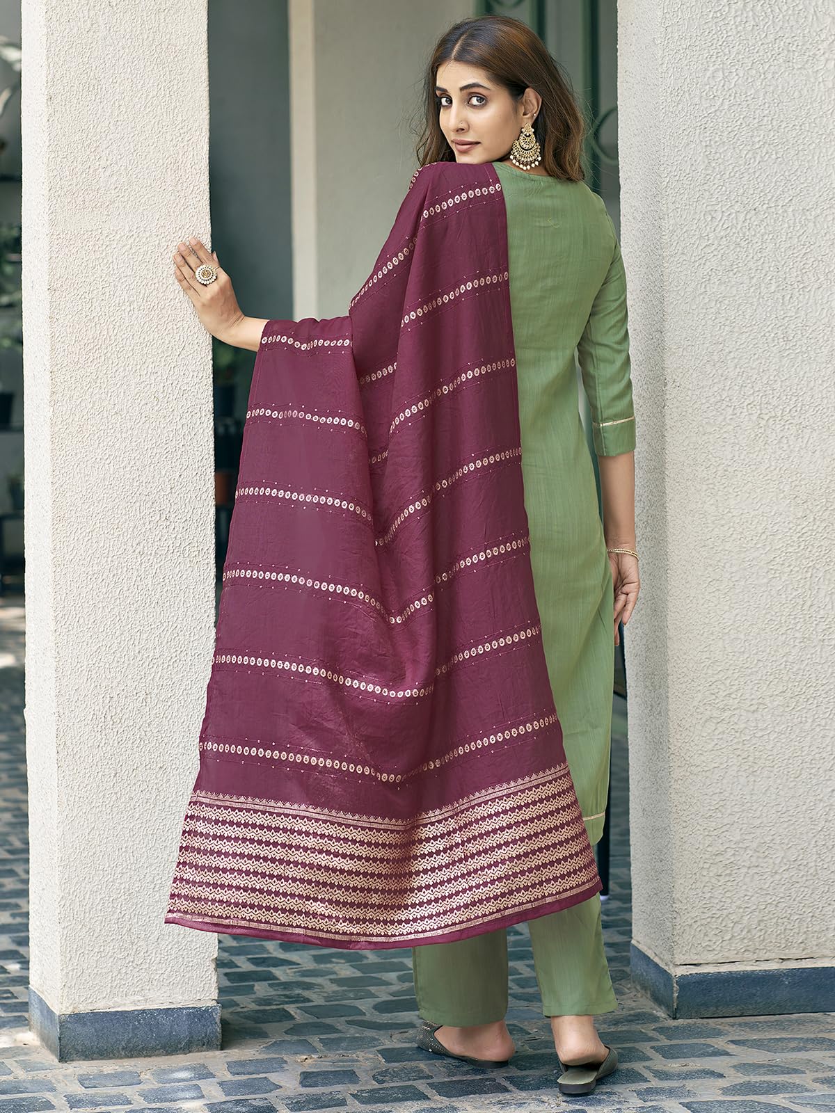 Sanisa Womens Cotton Blend Sequence Embroidery Work Straight Kurta with Pant and Dupatta Set| Ethnic Set | Suit Set | Kurta Set