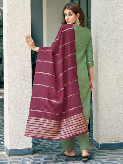 Sanisa Womens Cotton Blend Sequence Embroidery Work Straight Kurta with Pant and Dupatta Set| Ethnic Set | Suit Set | Kurta Set
