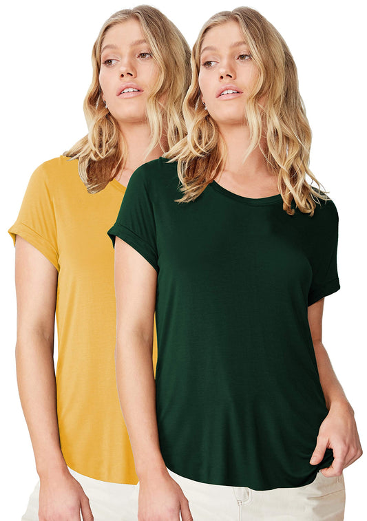 Fabricorn Stylish Combo of Plain B. Green and Mustard Yellow Color Up and Down Cotton Tshirt for Women (Mustard Yellow and B. Gr