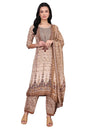 Aurelia Women's Beige Abstract Printed Beaded Cotton Straight Kurta, Palazzo and Dupatta Set (Size: M)-AS16247-509676