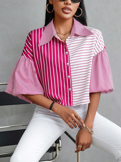 Shasmi Womens Random Striped Print Button Up Casual Shirt with Lapel Collar, Womens Fashion Striped Design Versatile Short Bat