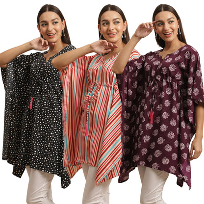 Tee Projekt Casual Crepe Kimino Sleeves WomenS Kaftan Dress Ll Elegant Casual & Everyday Kurta (Pack Of 3)