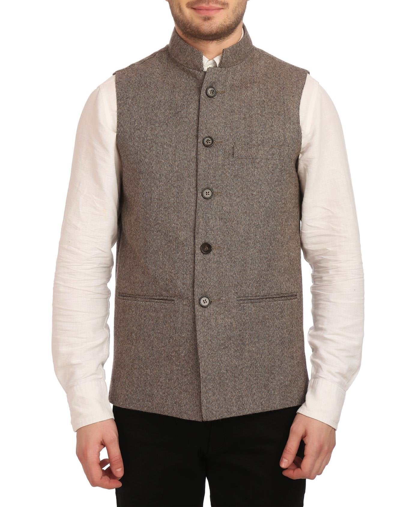 WINTAGE Mens Tweed Bandhgala Festive Nehru Jacket Waistcoat Grey
