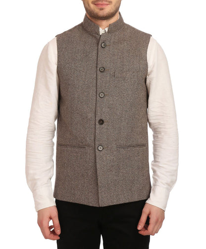 WINTAGE Mens Tweed Bandhgala Festive Nehru Jacket Waistcoat Grey