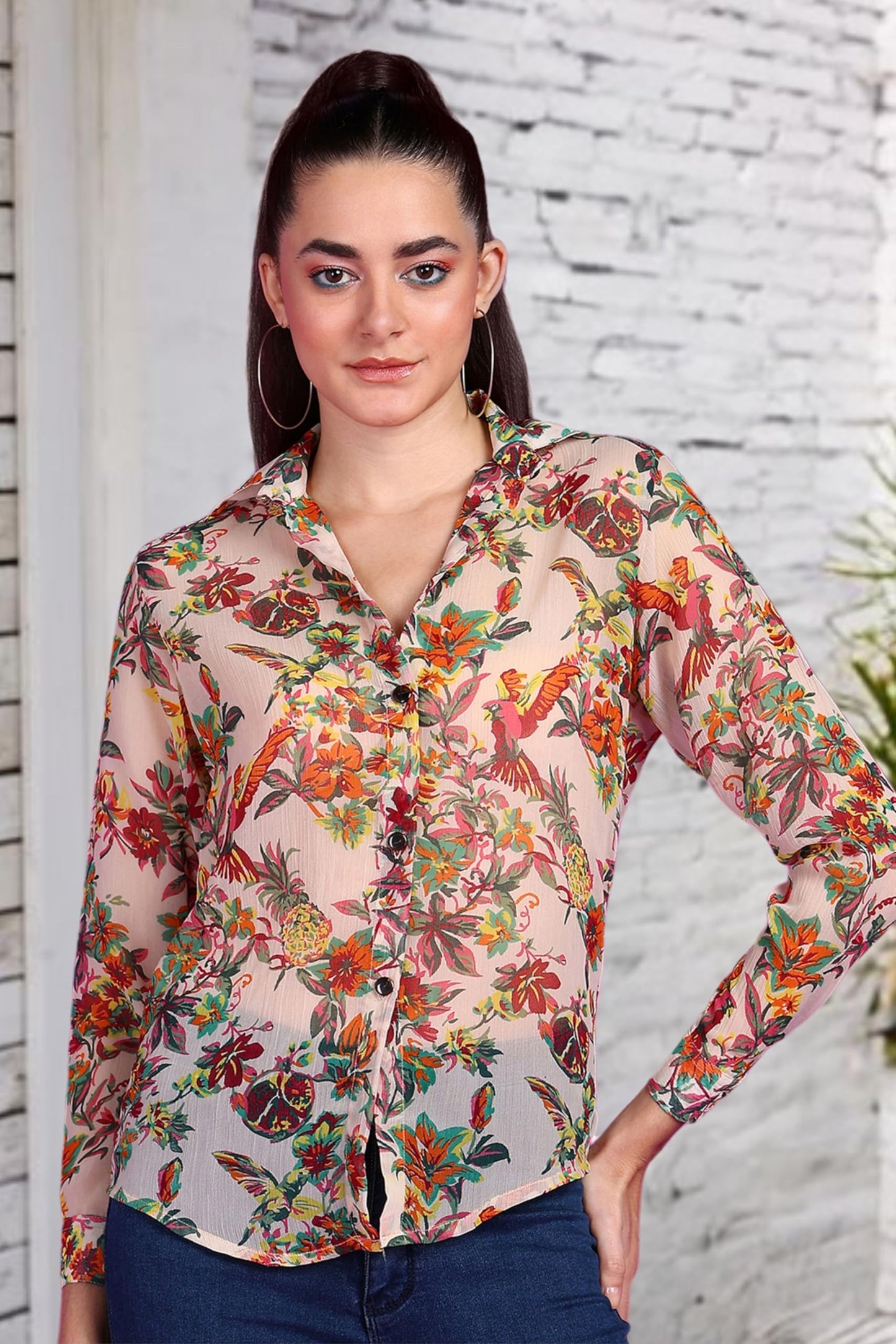 POPWINGS Printed Full-Sleeves Regular-Fit Polyester Printed Shirt for Women Stylish Western Casual Wear