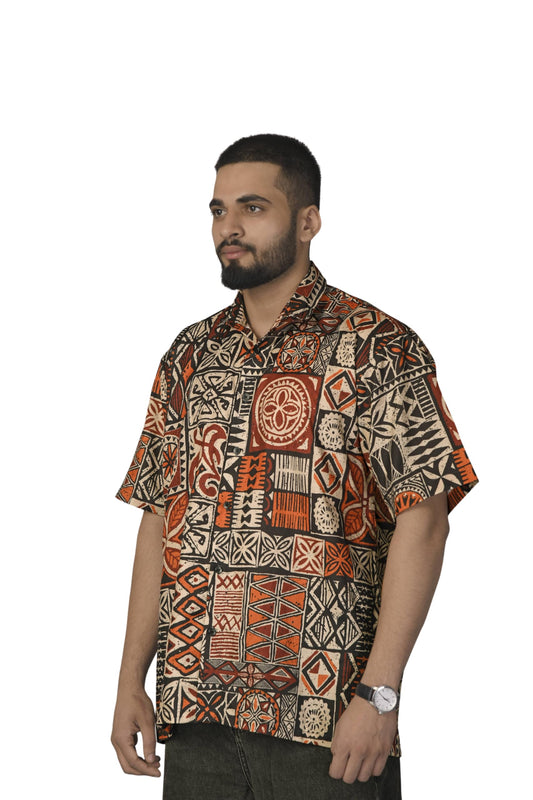 Brown Culture MenS Cotton Blend Geometric Print Shirt With Spread Collared Half Sleeves Standard Length And Button Down Closure