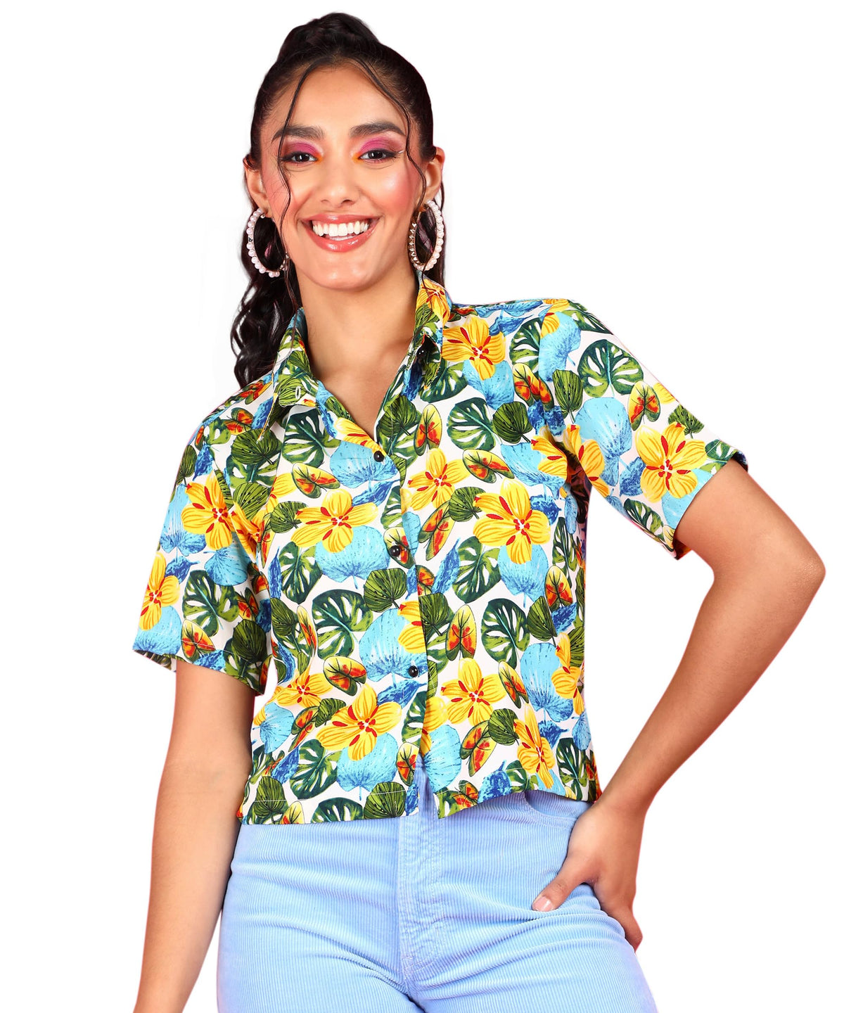 POPWINGS Ethnic Printed Cotton Half Sleeves Regular Fit Crop Shirts for Women Stylish Western Casual Wear