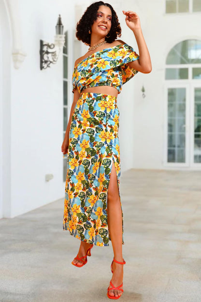 POPWINGS Casual Floral Printed Off-Shoulder Crop Top and Long Slit Skirt Set for Women | Co-Ords Set for Women Stylish Western |