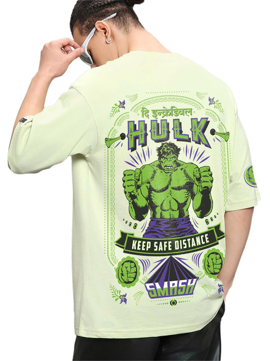 Bewakoof Official Marvel Merchandise Hulk Mens Graphic Print Oversized Fit Half Sleeve Round Neck Cotton T-Shirt_671254_Green_3