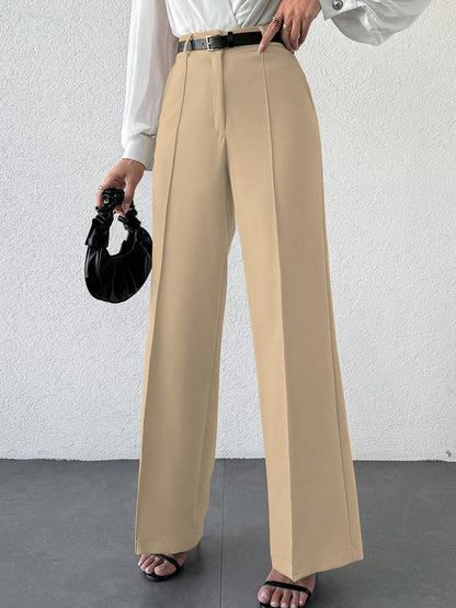 Shasmi Womens Solid Cream Color High Waist, Wide Straight-Leg Loose Fit, Front Button Closure, Simple Daily Casual Long Pants w