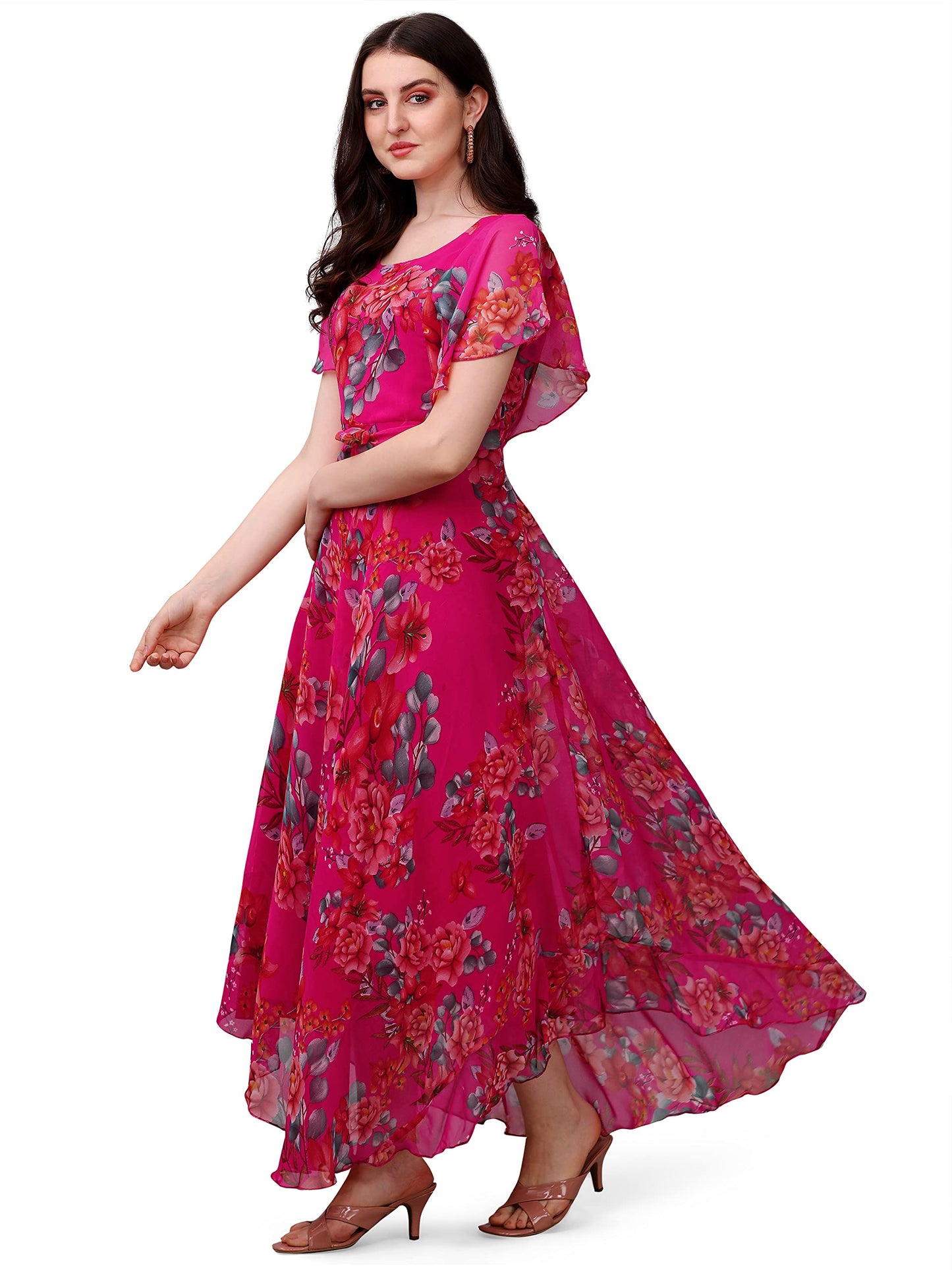Trillmixa WomenS Georgette Floral Maxi-Length Dress(T_Flower) Pink
