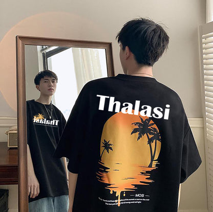 Thalasi Cotton Back Printed Oversized Tshirt For Men - Black Beach Tee With Stylish Print Half Sleeve,Down Shoulder,Round Neck A
