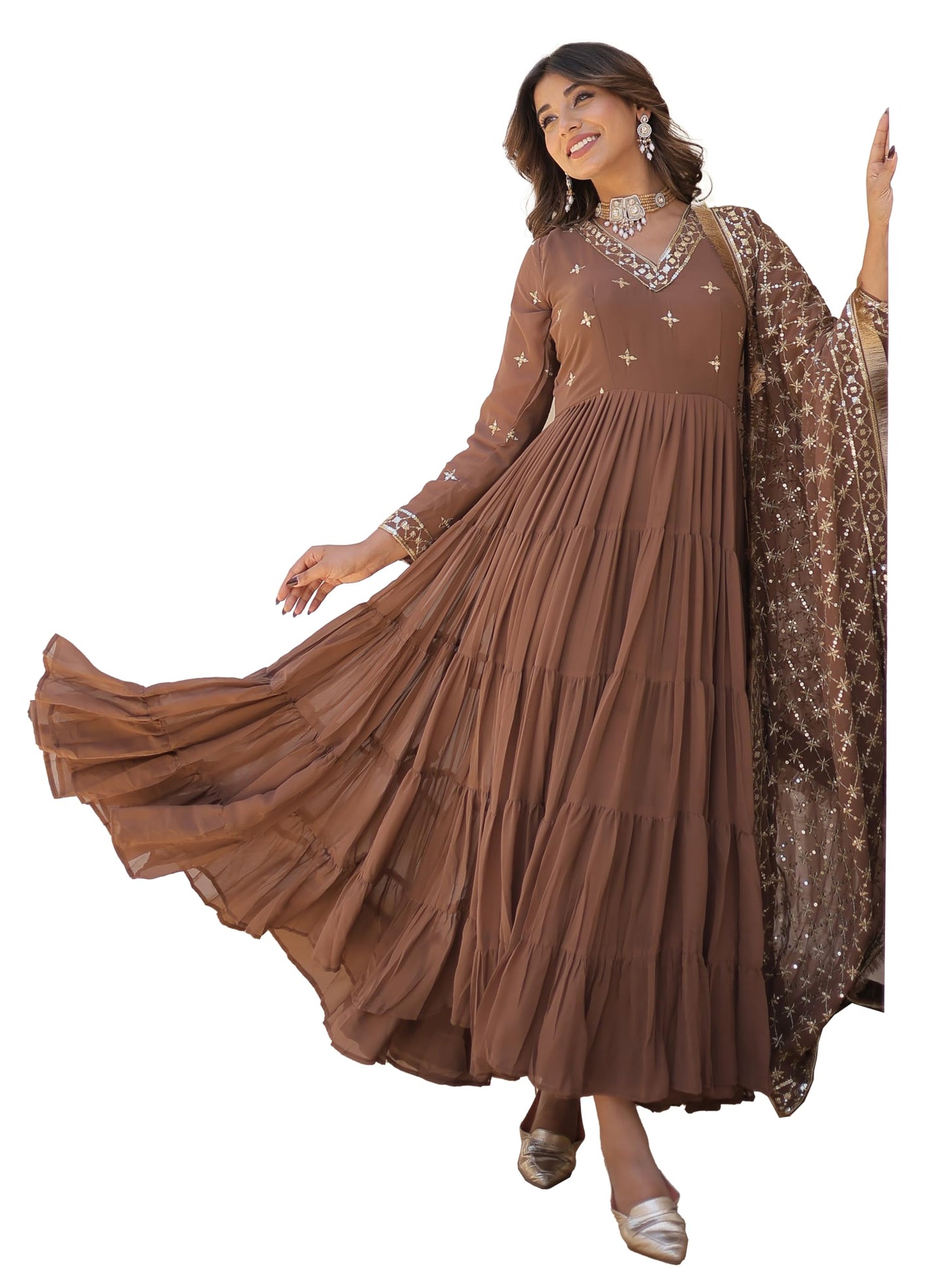 Fashion Basket WomenS Georgette Anarkali Dress Brown