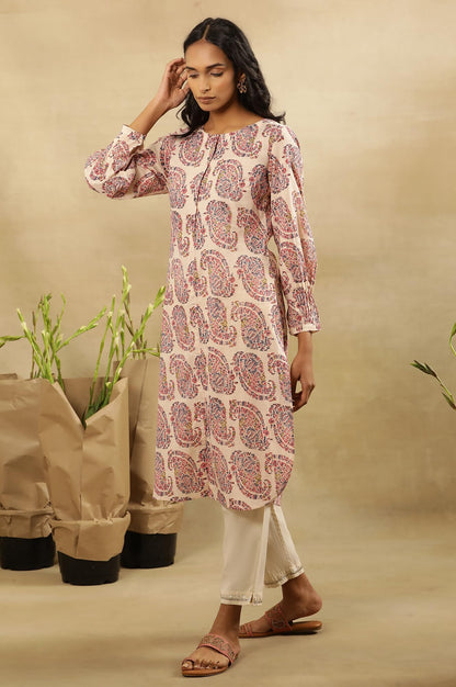 Folksong by W Women White Printed Cotton Straight Kurta