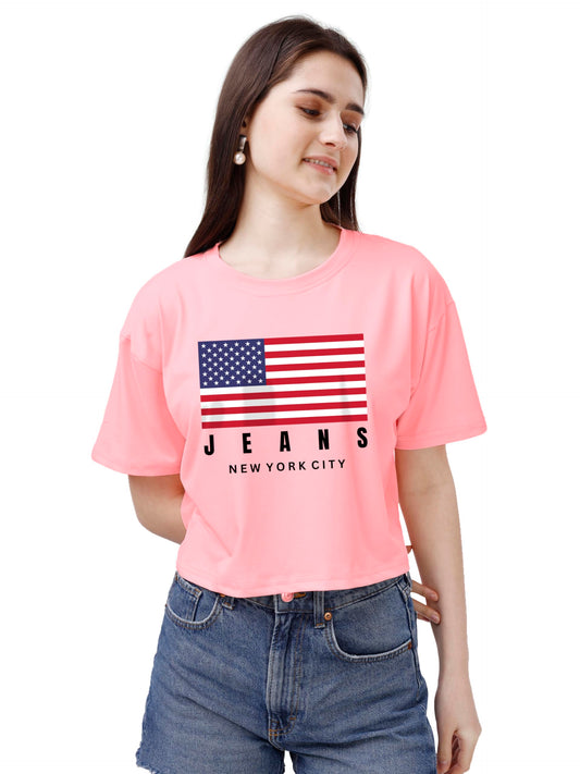 ELLITI Soft Rich Cotton Peach Half Sleeve | Round Neck | Oversized/Loose Fit | Down Solder | US Flage Print Crop Top for Women (