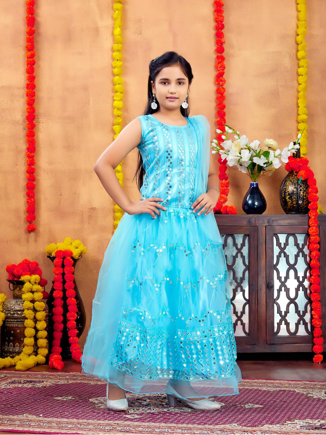 Aarika Girls Ethnic Wear Firozi Colour Sequin Embroidery Net Lehenga Choli Set (4-10 Years)