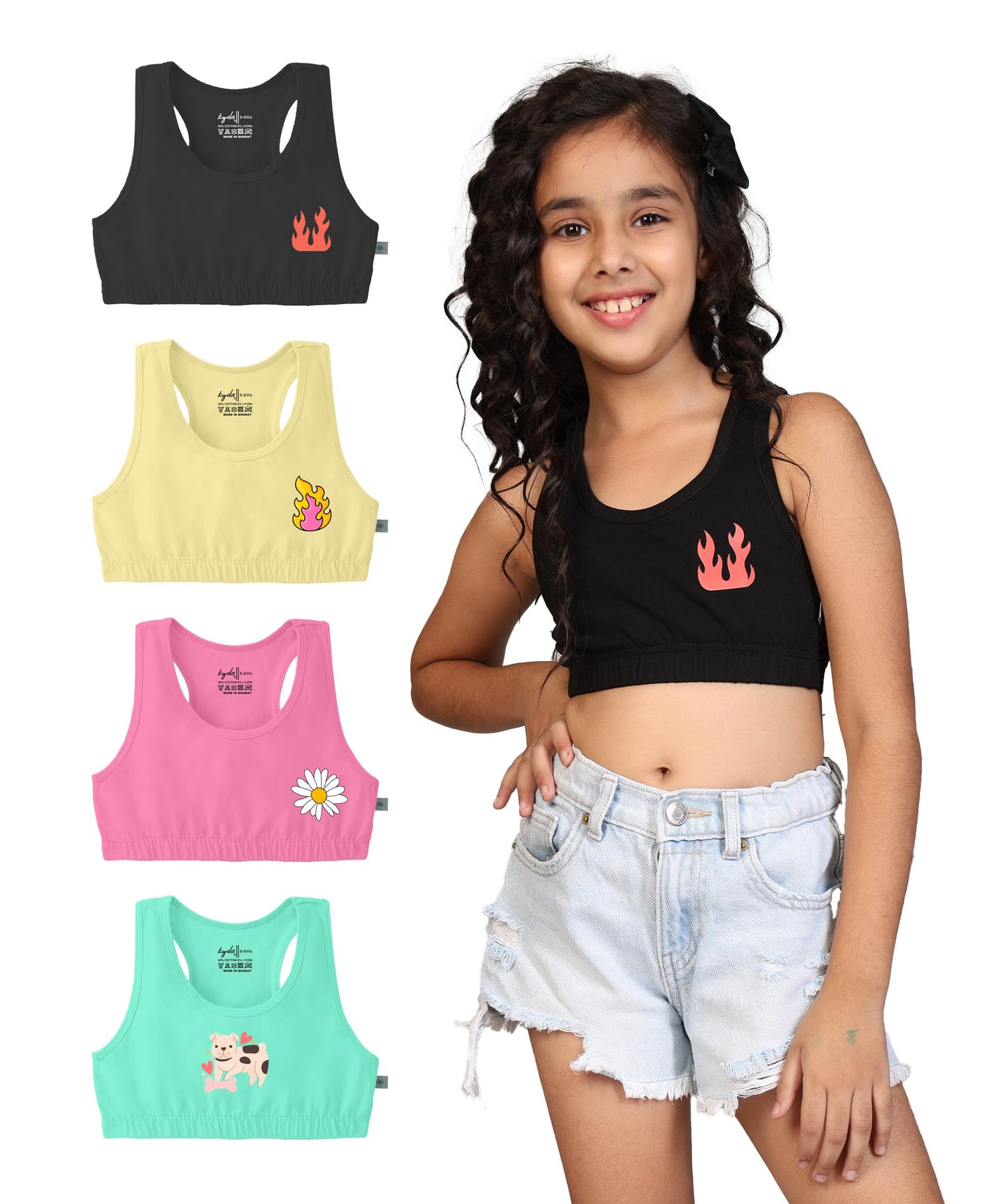 Kyda Kids Girls Antibacterial Cotton Printed Sports Bra Training Bras, Non Padded, Chest Double Layered Wireless Light Padded Br