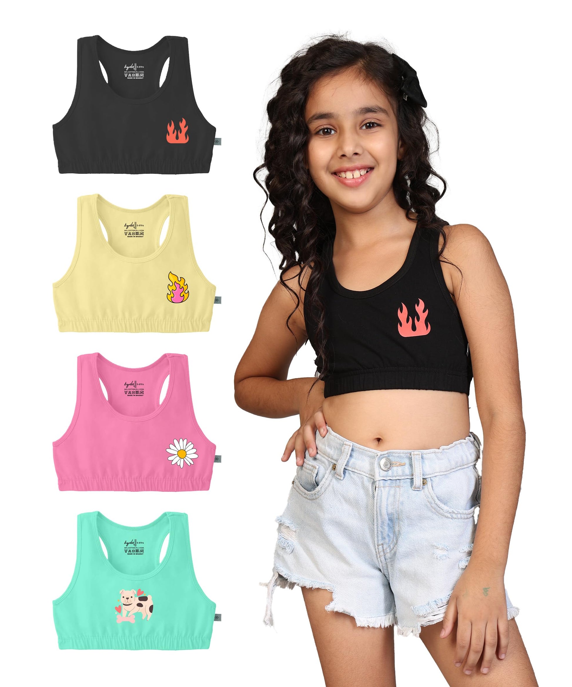 Kyda Kids Girls Antibacterial Cotton Printed Sports Bra Training Bras, Non Padded, Chest Double Layered Wireless Light Padded Br