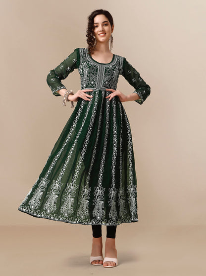 EthnicJunction Women s Green Lucknowi Chikankari Embroidered Thread Work Georgette Anarkali Kurta (B19-Apsara-Bottle Green_L_Bot