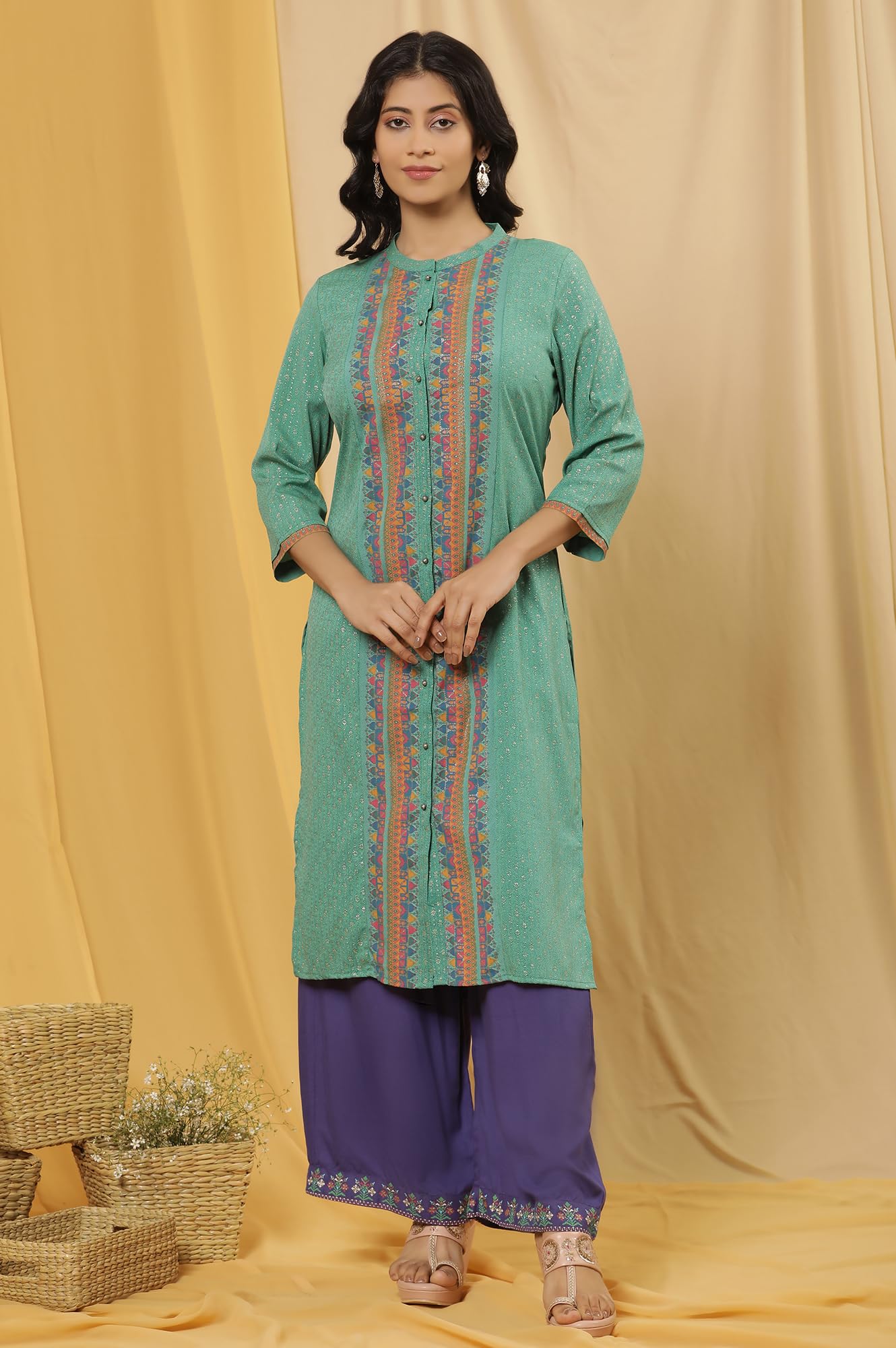 W for Woman W Women Green Festive Geometric Print American Crepe Kurta Set With Parallel Pant