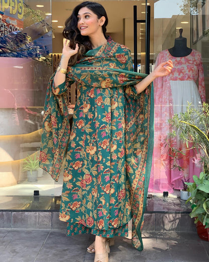 Gosriki WomenS Rayon Blend Anarkali Printed Kurta With Palazzo & Dupatta (Cia Green-Vks01-Gs_Xxl_Green_Xx-Large)