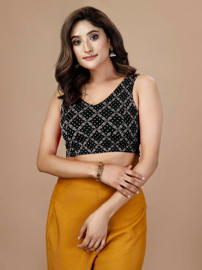 OOMPH! Womens Indian Ethnic Wear Designer Bandhani Pattern Zari Work Spoon Neck Sleeveless Black Color Lycra Readymade Blouse f