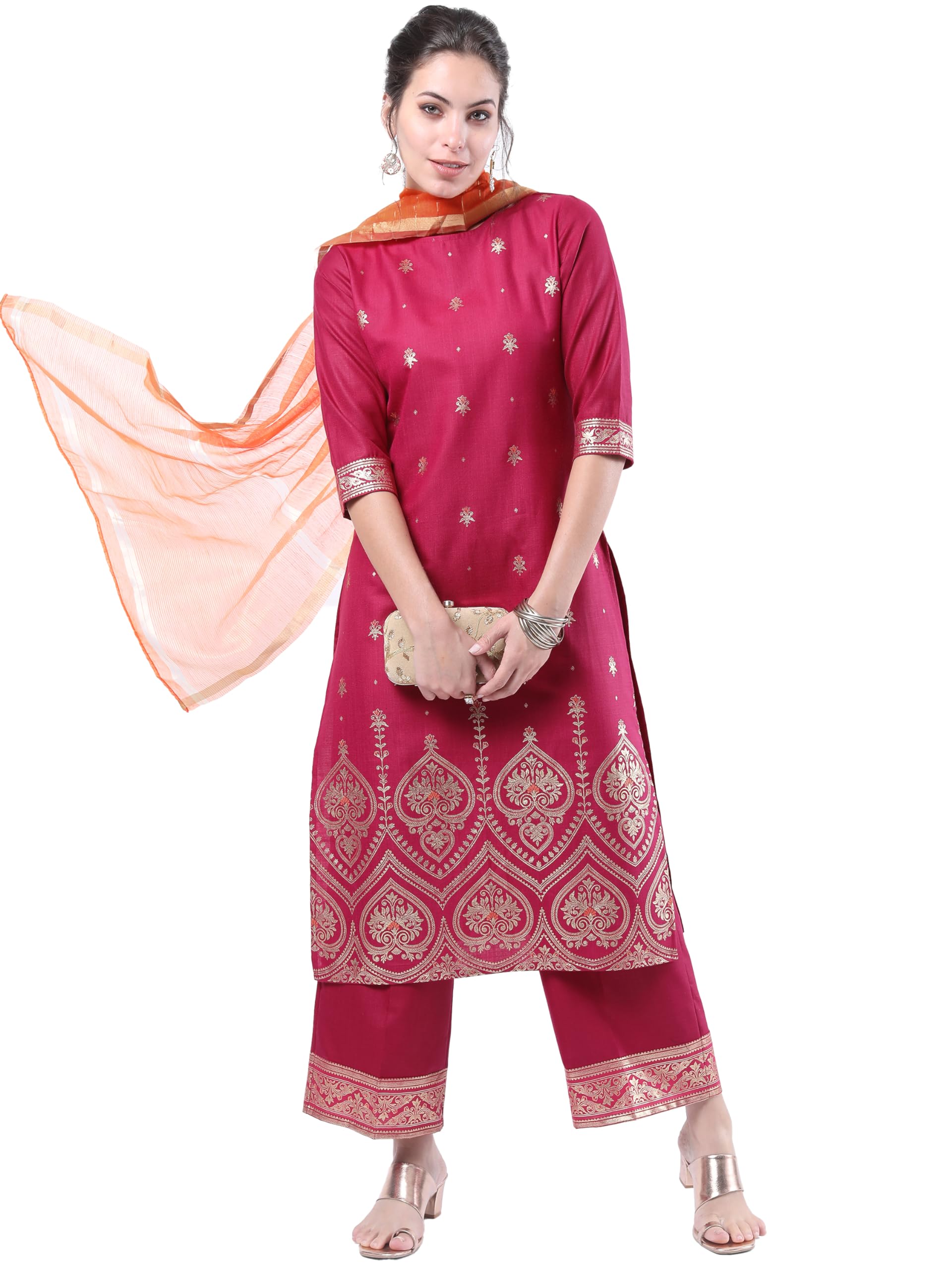 Ketch Women'S Polyester Printed Kurta Set (Khk3000293_Fuschia, Large