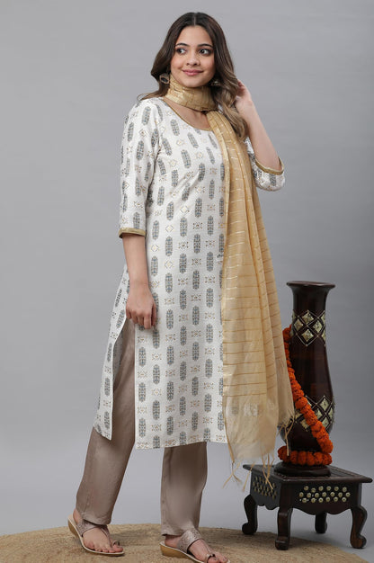 Aurelia Women's Pear White Geometric Print Viscose Straight Kurta