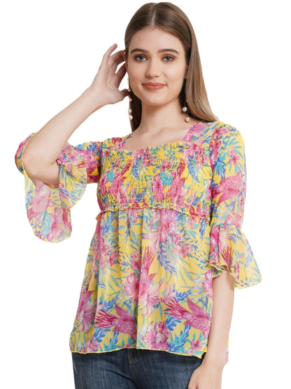 POPWINGS Printed Chiffon Peplum Tops for Women || 3/4th Sleeves Square Neck Women Tops for Summer || Stylish Western Smocking Wo