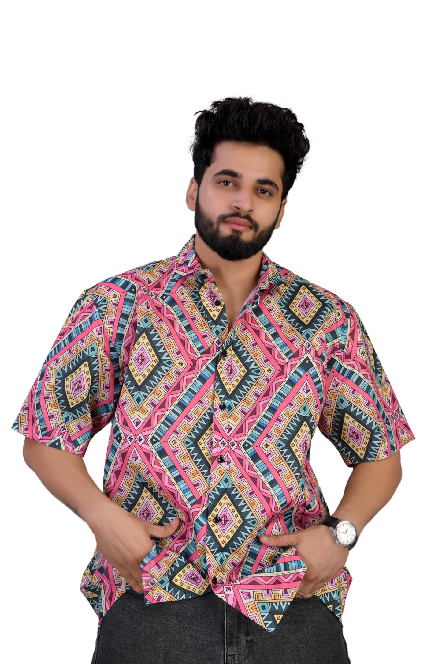 Brown Culture MenS Cotton Blend Abstract Print Shirt With Spread Collared Half Sleeves Standard Length And Button Down Closure
