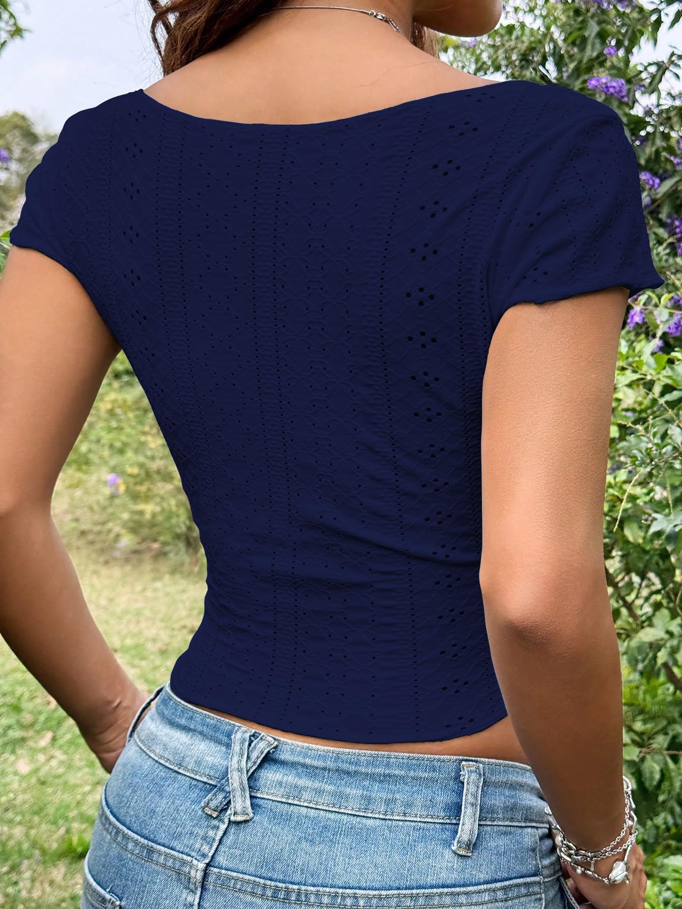 Sugathari Girls & Womens Navy Blue Eyelet Embroidery Knitted Square Neck Casual Slim Fit Women T-Shirt, Short Sleeve Schiffli