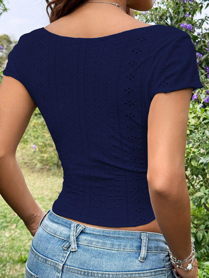 Sugathari Girls & Womens Navy Blue Eyelet Embroidery Knitted Square Neck Casual Slim Fit Women T-Shirt, Short Sleeve Schiffli