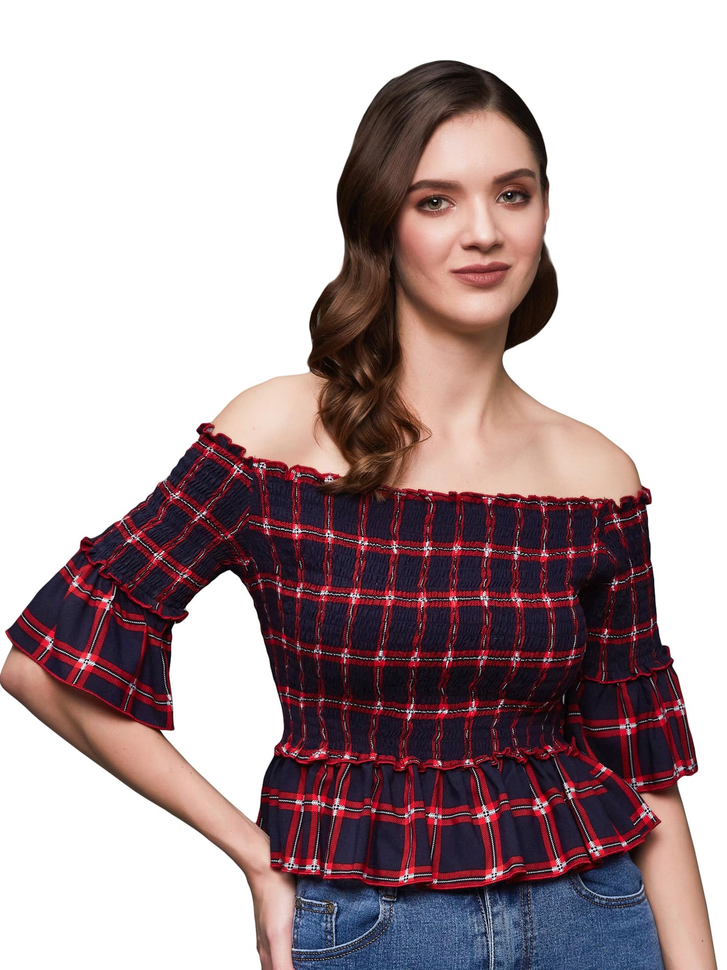 Miss Chase WomenS Checkered Bardot Flared Sleeves Viscose Rayon Smocked Short Top (Mcaw25Tp98-56-Mnb-02, Nautilus Navy And Red,