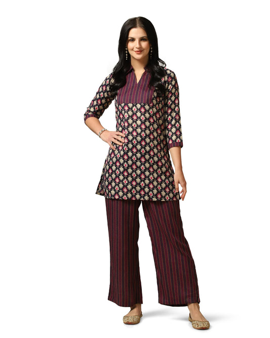 Toplot WomenS Cotton Blend Printed Straight Kurta With Pant (Kurta-Pant-5175-Wine-M)