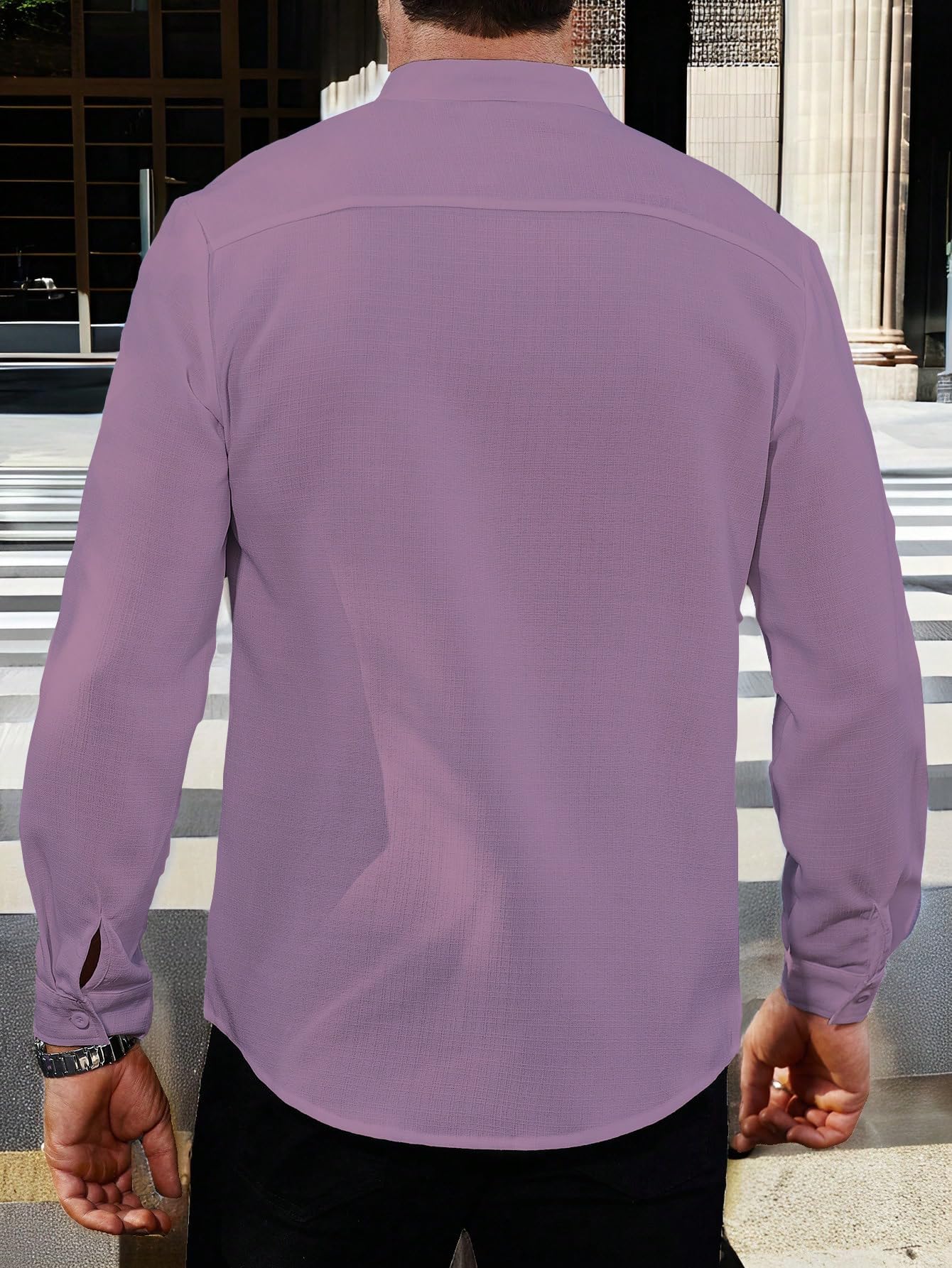 AVANOVA Mens Solid Urban Plain Peach Color Button-Down Long Sleeve Single-Breasted Stand Collar Slim Fit Business Casual Shirt,