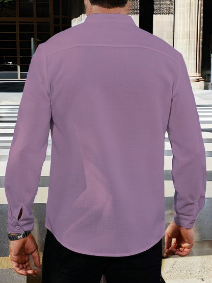 AVANOVA Mens Solid Urban Plain Peach Color Button-Down Long Sleeve Single-Breasted Stand Collar Slim Fit Business Casual Shirt,