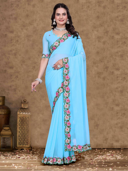Suketa WomenS Soft Georgette Saree With Floral Printed Border Unstitched Blouse Piece Solid Pattern | Saree For Woman Daily Wear