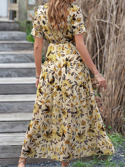 Shasmi Womens Casual Yellow Floral Printed Ruched V Neck Short Flutter Sleeve Lapel Tie Waist Split Long One Pic Western Party