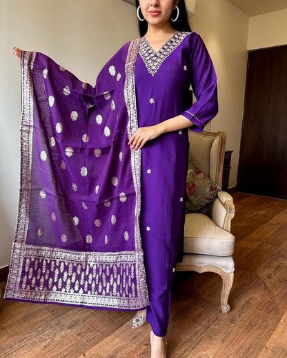 Satpurush WomenS Purple Cotton Silk V-Neck 3/4Th Sleeve Floral Embroidery Straight Kurta Salwar Suit Set With Pant(B-153-A-Purp